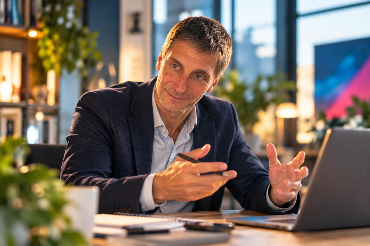 Portrait éditorial illustratif du consultant NTech Conseil dans un espace de travail, réalisé avec l’aide de l’intelligence artificielle