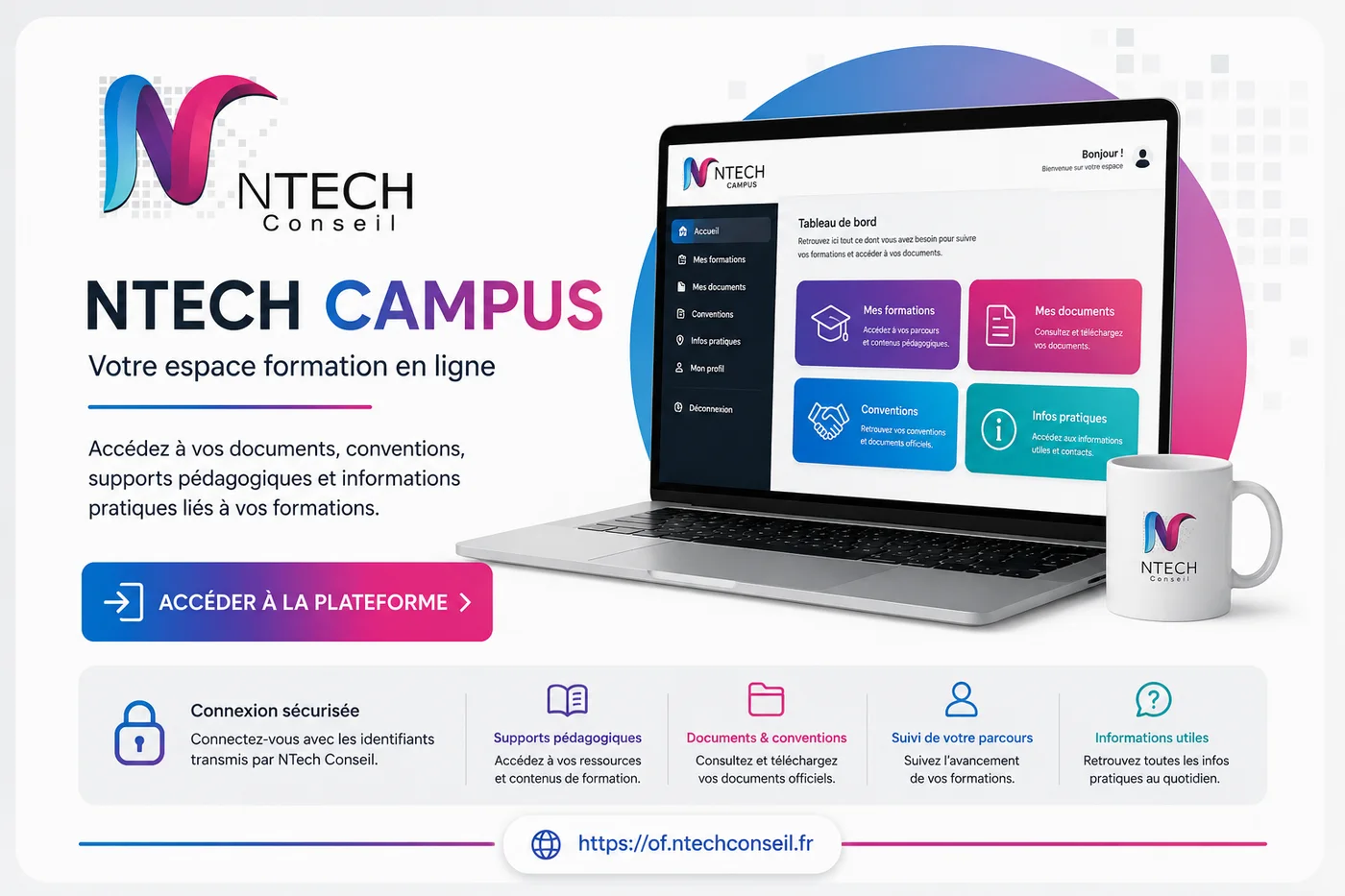 Aperçu de la plateforme NTech Campus sur ordinateur