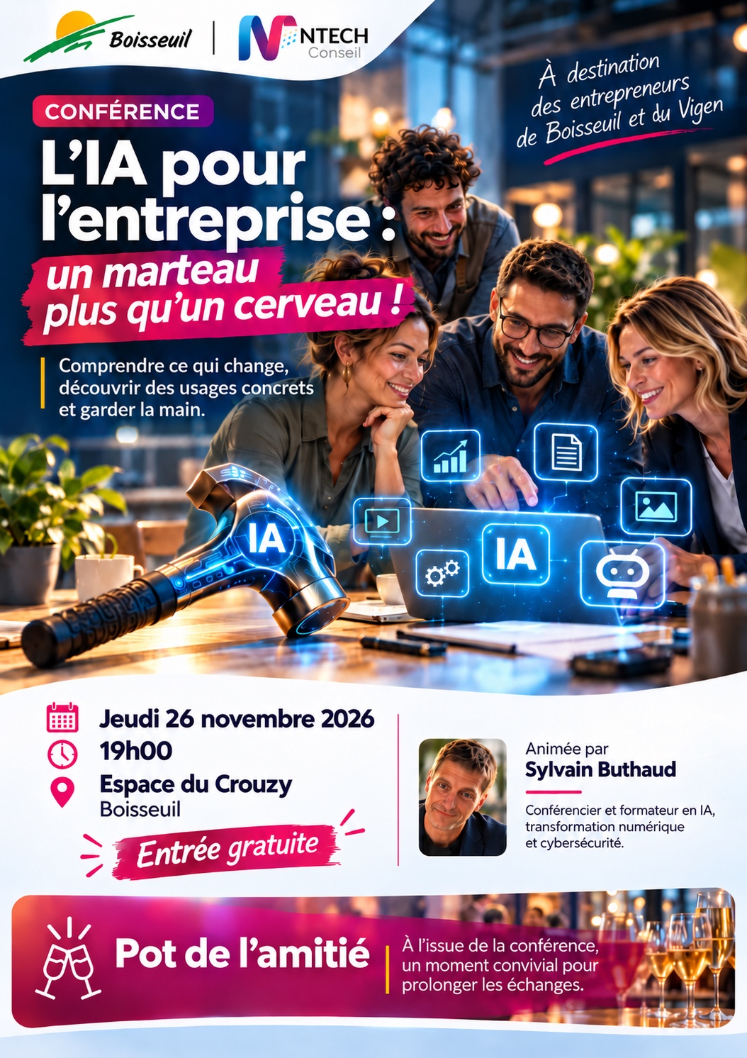 Affiche de la conférence IA pour l’entreprise à Boisseuil, jeudi 26 novembre 2026 à 19 h.