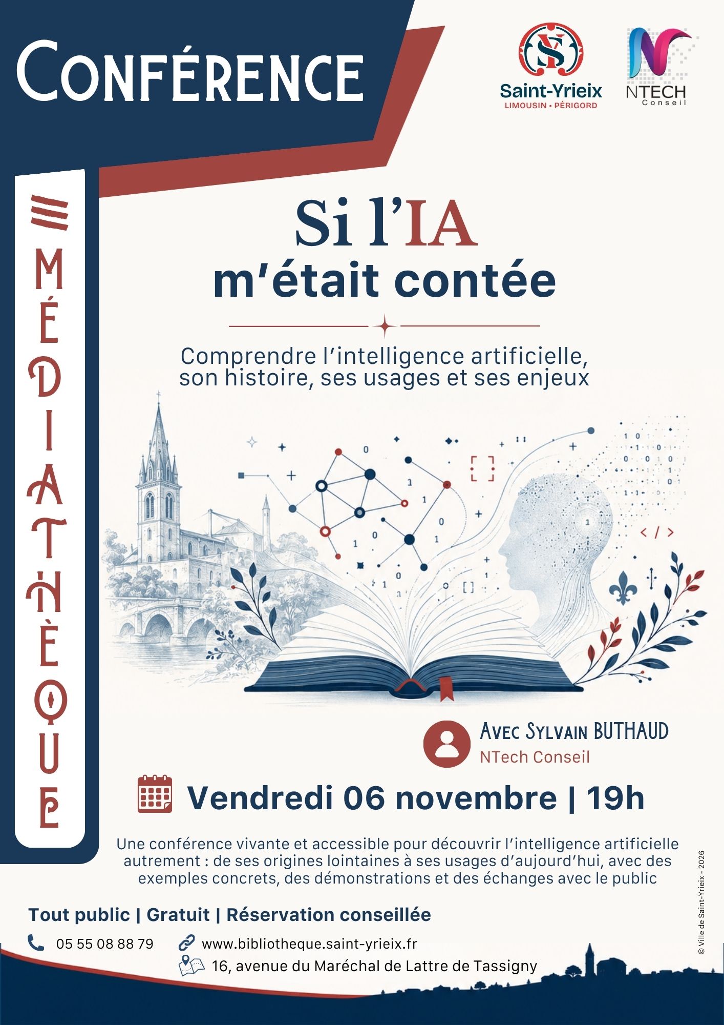 Affiche de la conférence « Si l’IA m’était contée », animée par Sylvain Buthaud le vendredi 6 novembre 2026 à 19 h à la médiathèque de Saint-Yrieix.