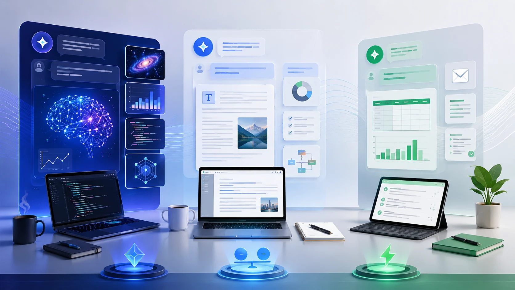 Trois postes de travail illustrent trois niveaux de modèles d’intelligence artificielle.