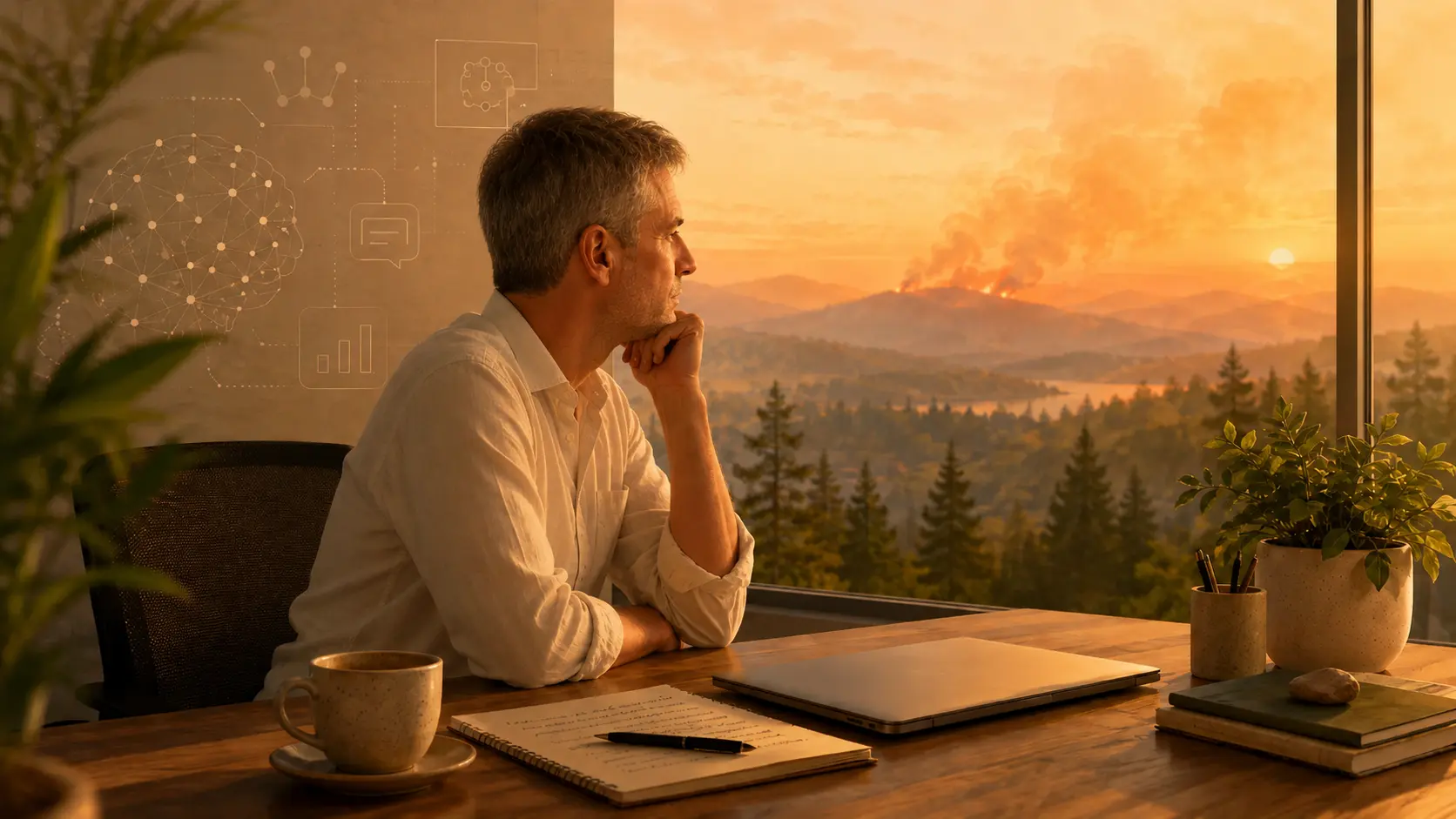 Sylvain Buthaud, assis à son bureau, observe au loin la fumée d’incendies dans un paysage boisé.