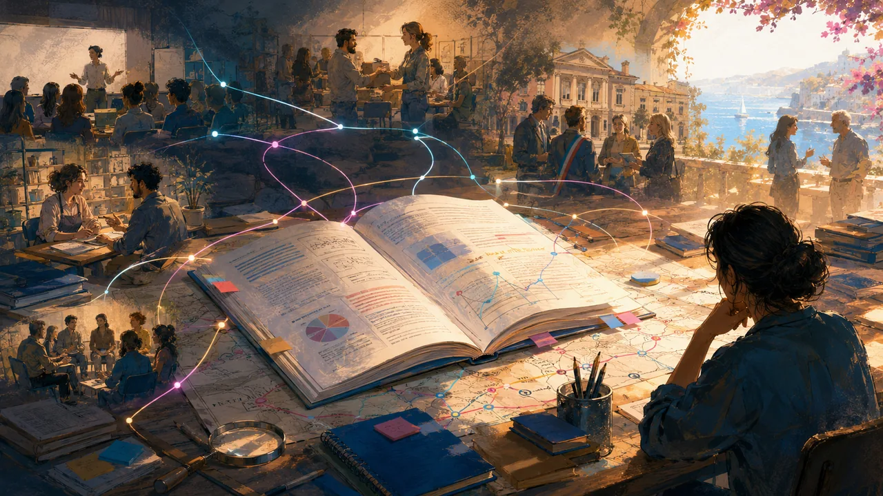 Rapport ouvert sur une carte et une table de travail, avec carnet de terrain et repères pédagogiques