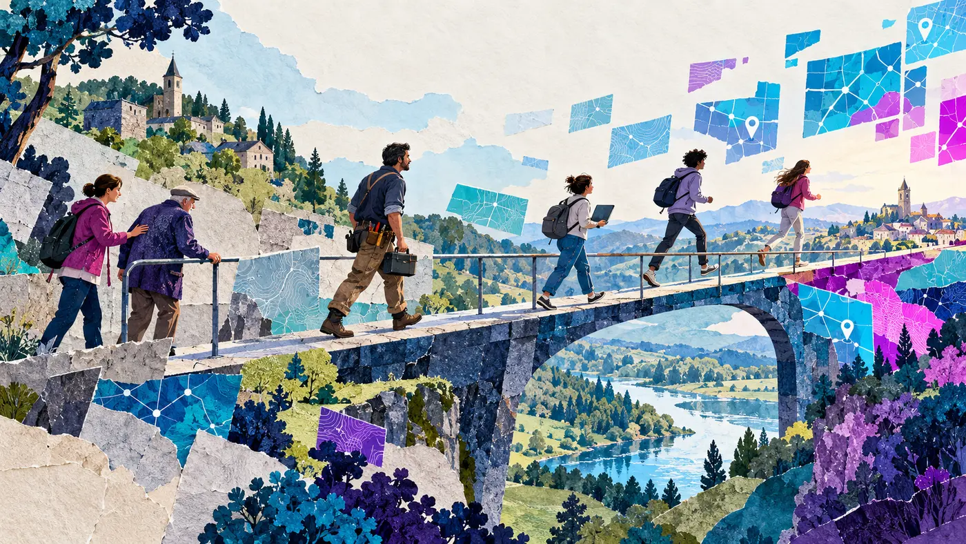 Illustration générée : des personnes de profils différents avancent à des rythmes variés sur une passerelle numérique accompagnée