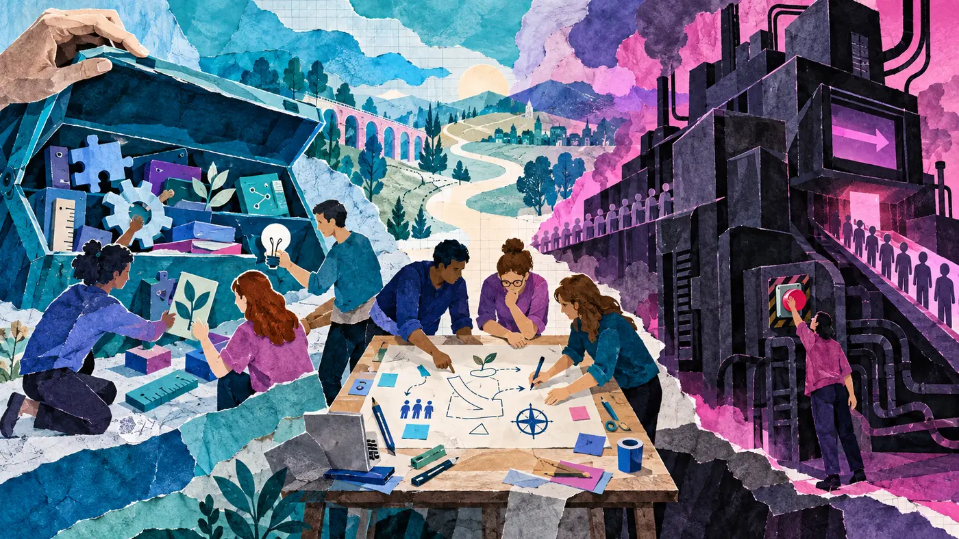 Illustration générée : un collectif choisit entre une boîte à outils compréhensible et une machine opaque dotée d’un bouton d’arrêt