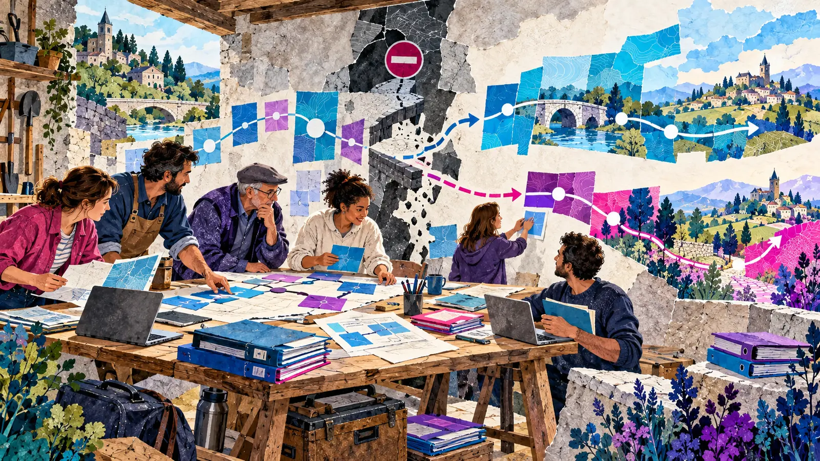 Illustration générée : un collectif documente son travail et ouvre plusieurs chemins lorsque l’un d’eux devient impraticable