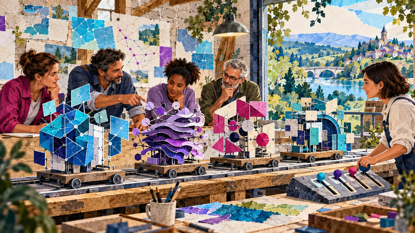 Illustration générée : un collectif compare plusieurs machines d’IA en évolution et conserve la commande finale