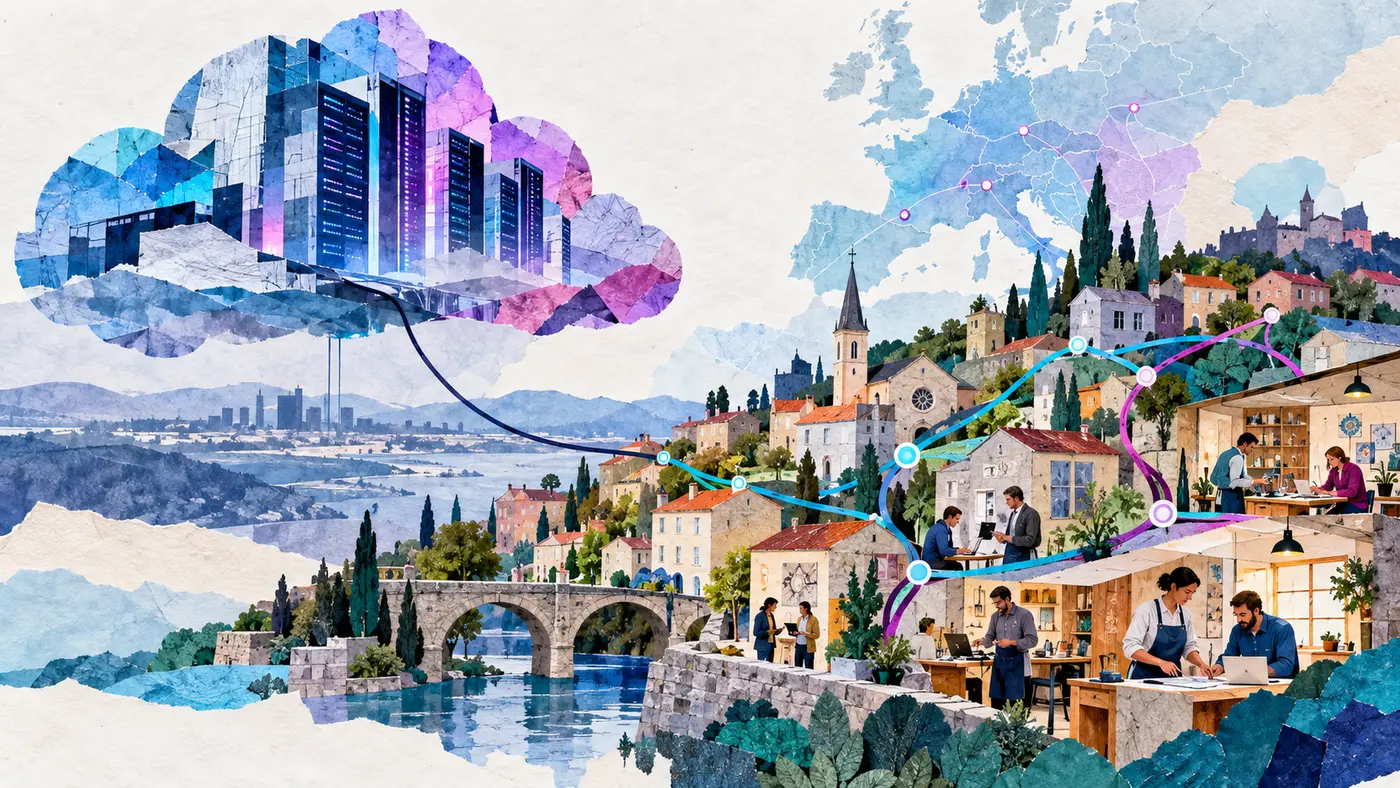 Illustration générée : petites structures européennes reliées à une grande infrastructure distante tout en construisant plusieurs chemins locaux d’autonomie