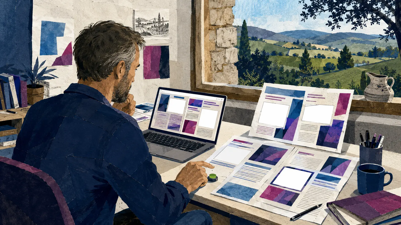 Dans un atelier de travail en Limousin, un professionnel découvre des cadres d’images vides avant d’appuyer sur le bouton de publication.